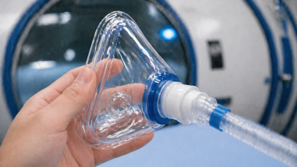 A hand holding a hyperbaric oxygen mask